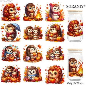 UV DTF Sticker Set, 12 Pieces Hedgehog Theme Waterproof Decals, High Adhesive DIY Transfer Paper for Cups Bottles Furniture Frames Gifts