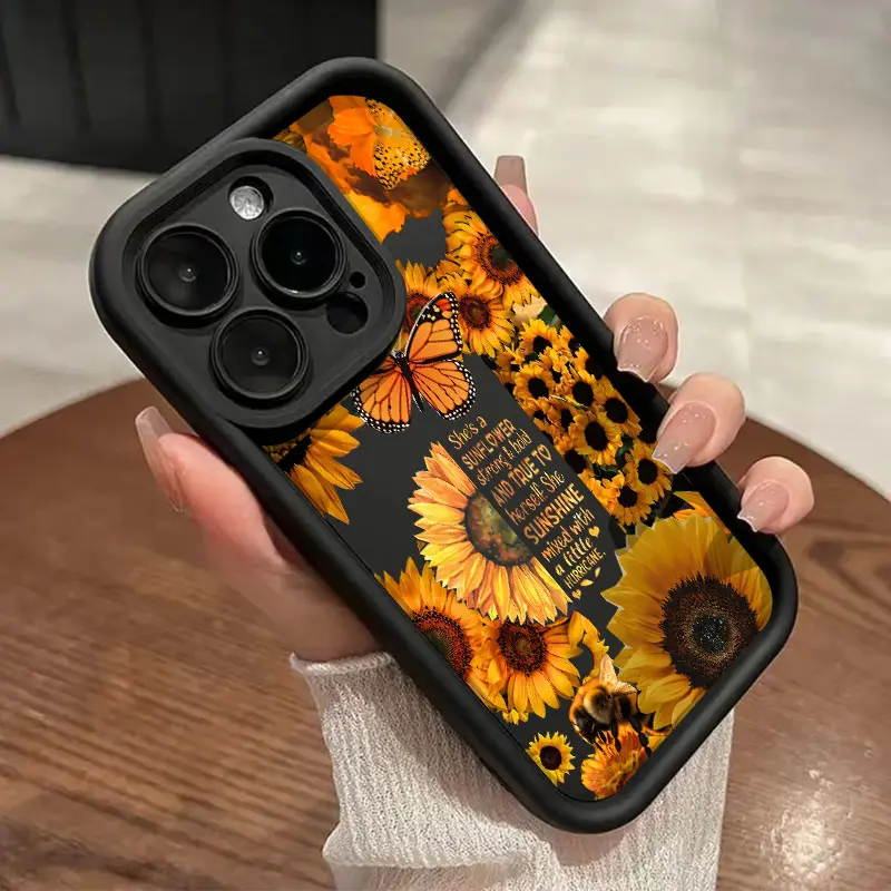Shockproof TPU Bumper Phone Case for iPhone Series (17,16,15,14 Pro Max,13,12,11,XR,XS,Plus,E) - Sunflower Print, Lens Guard, Multi-Model, Soft, Rugged Durable, Camera Protection Cover, Tpu Soft