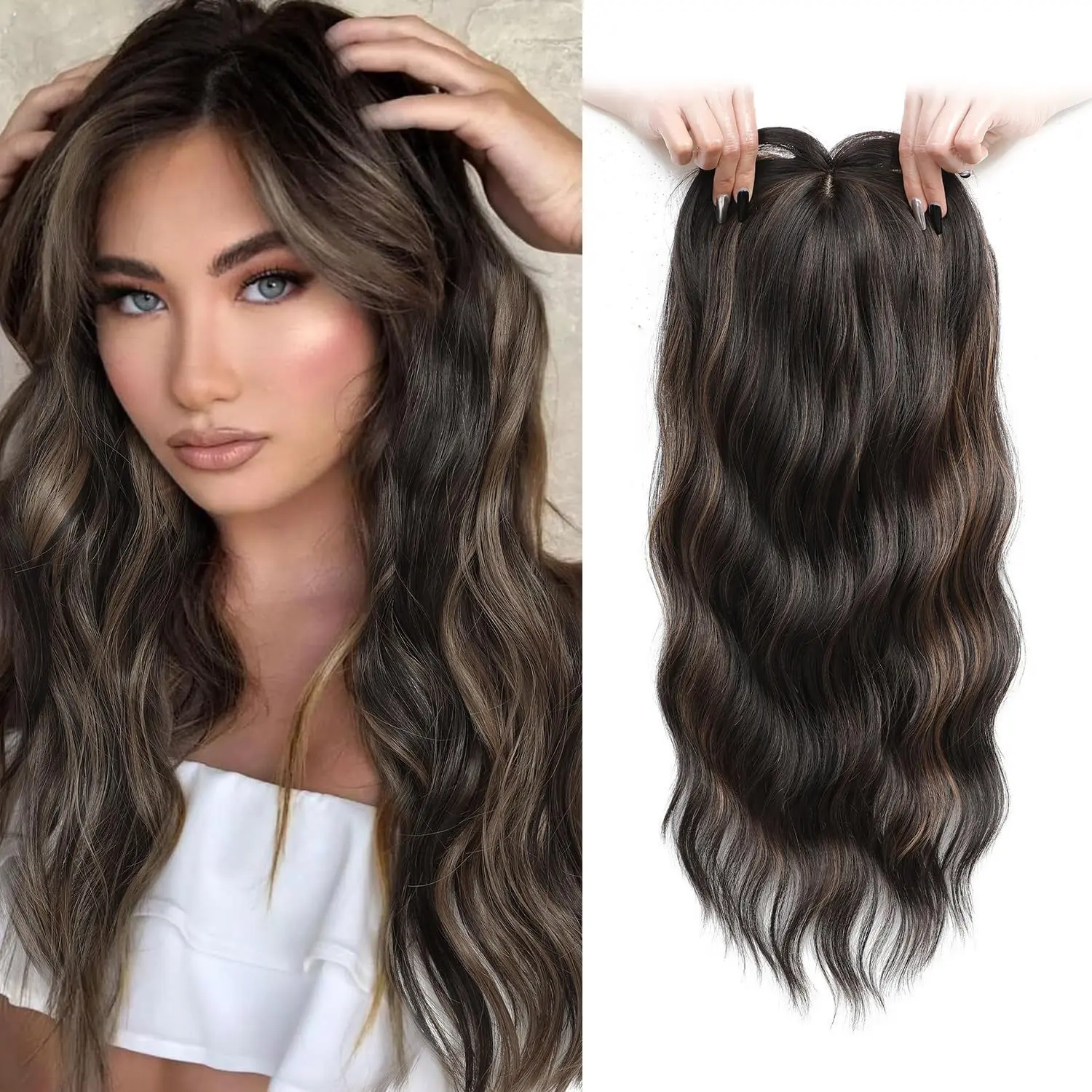 Hand-Tied Lace Hair Topper for European American Women, Long Big Wave Curly Heat Resistant Synthetic Hair Piece, Natural Breathable Lace Base Hair Replacement for Thin Hair Daily Wear