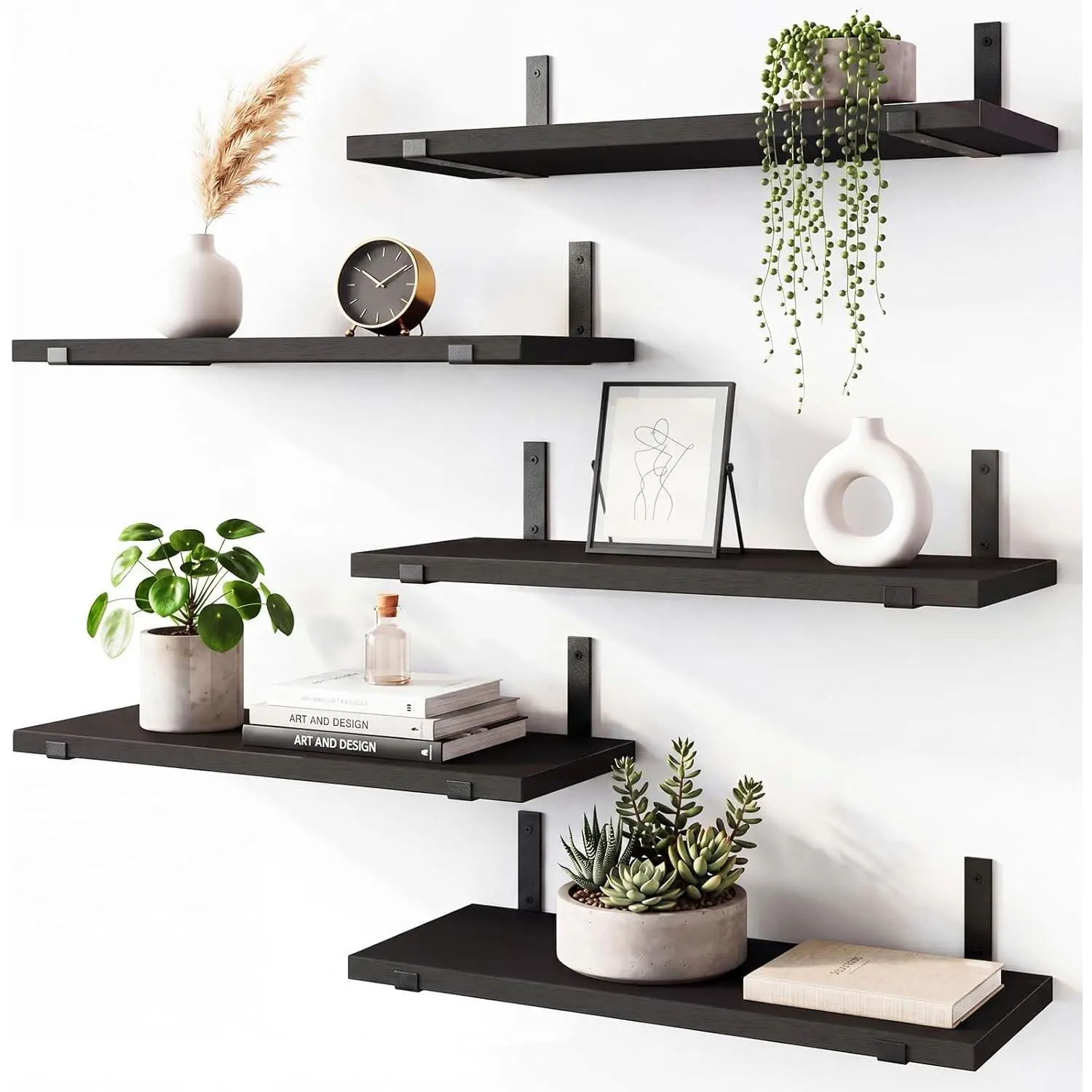 Floating Shelves for Wall, Black Shelves Wall Mounted, Rustic Wood Wall Storage Shelves for Bedroom, Living Room, Kitchen, Bathroom, Home Decor (Set of 5 Black)