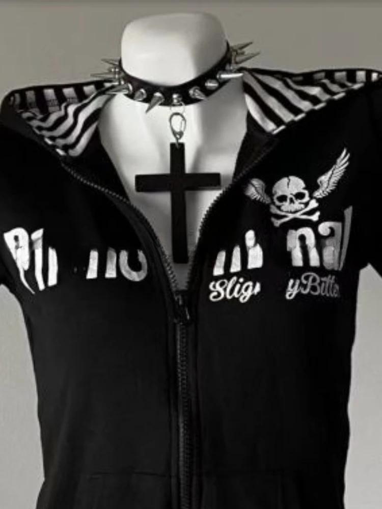 Y2K Subculture Skull Print Zip Cardigan Short Sleeve Women Japan Slim Fit Striped Hoodie Casual Tops Fashion Streetwear Clothes