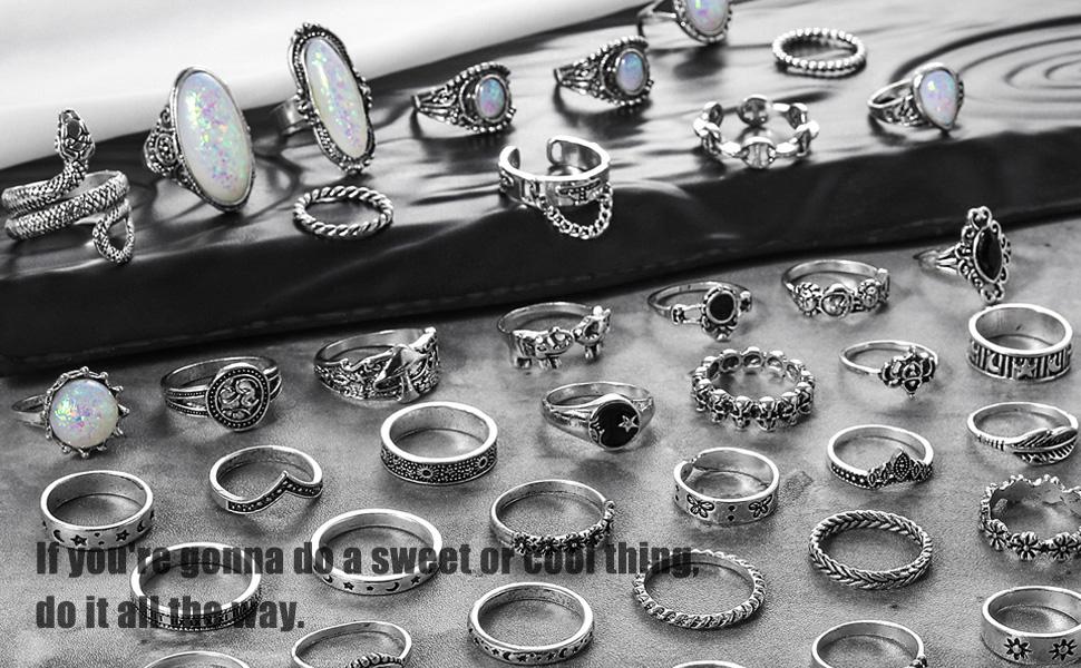 Vintage Silver Knuckle Ring Set, 42 Count Gothic Boho Adjustable Rings with Snake Skull Heart Designs, Y2K Punk Stackable Midi Rings for Women and Men