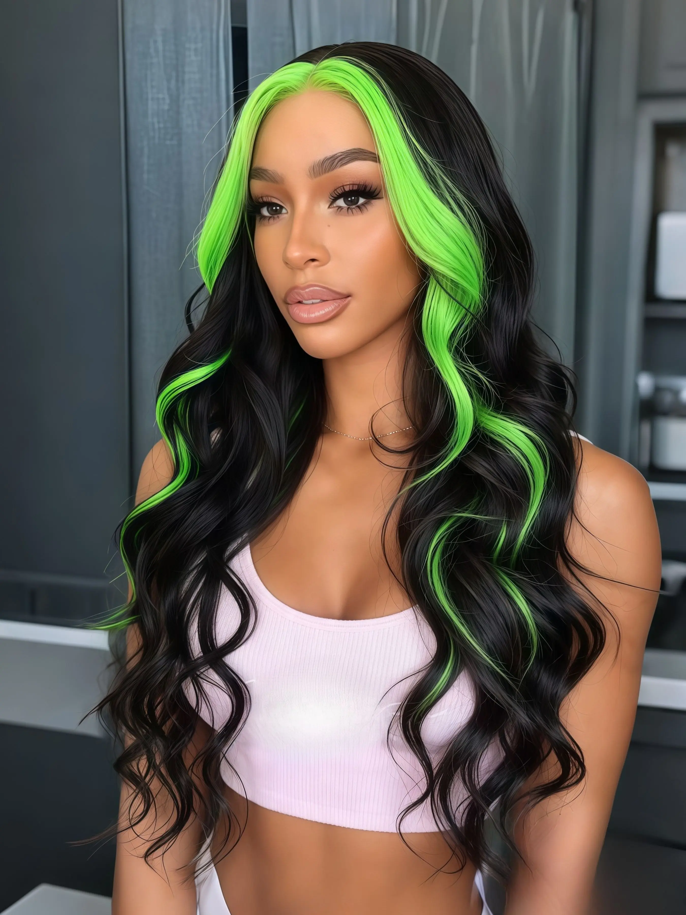Black and Green Highlight Wavy Wig 13x4 Lace Front Wig Pre-Plucked Hairline Synthetic Lace Frontal Wig for Valentine's Day, Date Night, Party, Cosplay, Stage 28 Inch High Quality Wigs
