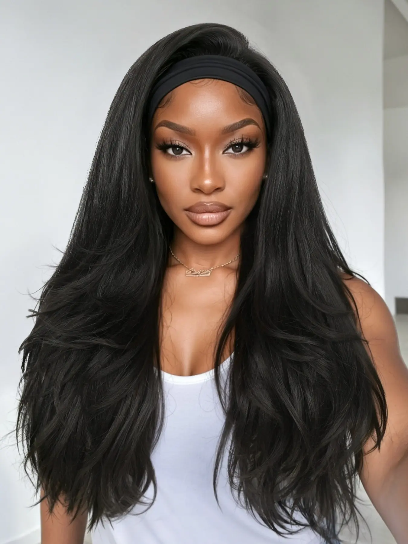 26 Inch Yaki Wavy Headband Wig For Women Kinky Straight With Layered Yaki Texture Wear and Go Glueless Half Wig Natural Looking Synthetic Wig Wavy Synthetic Wigs
