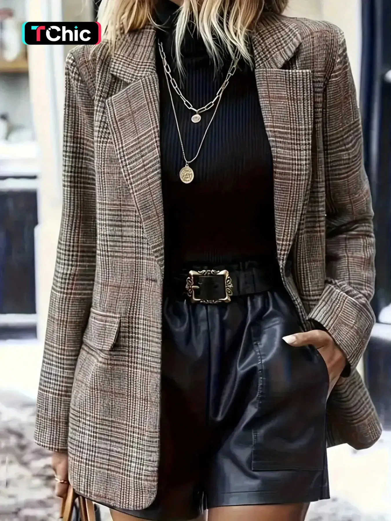 Women's Fall Winter Houndstooth Blazer, Long Sleeve Notched Lapel, Fake Pocket Design, Essential Outerwear for Work/commute/street Style