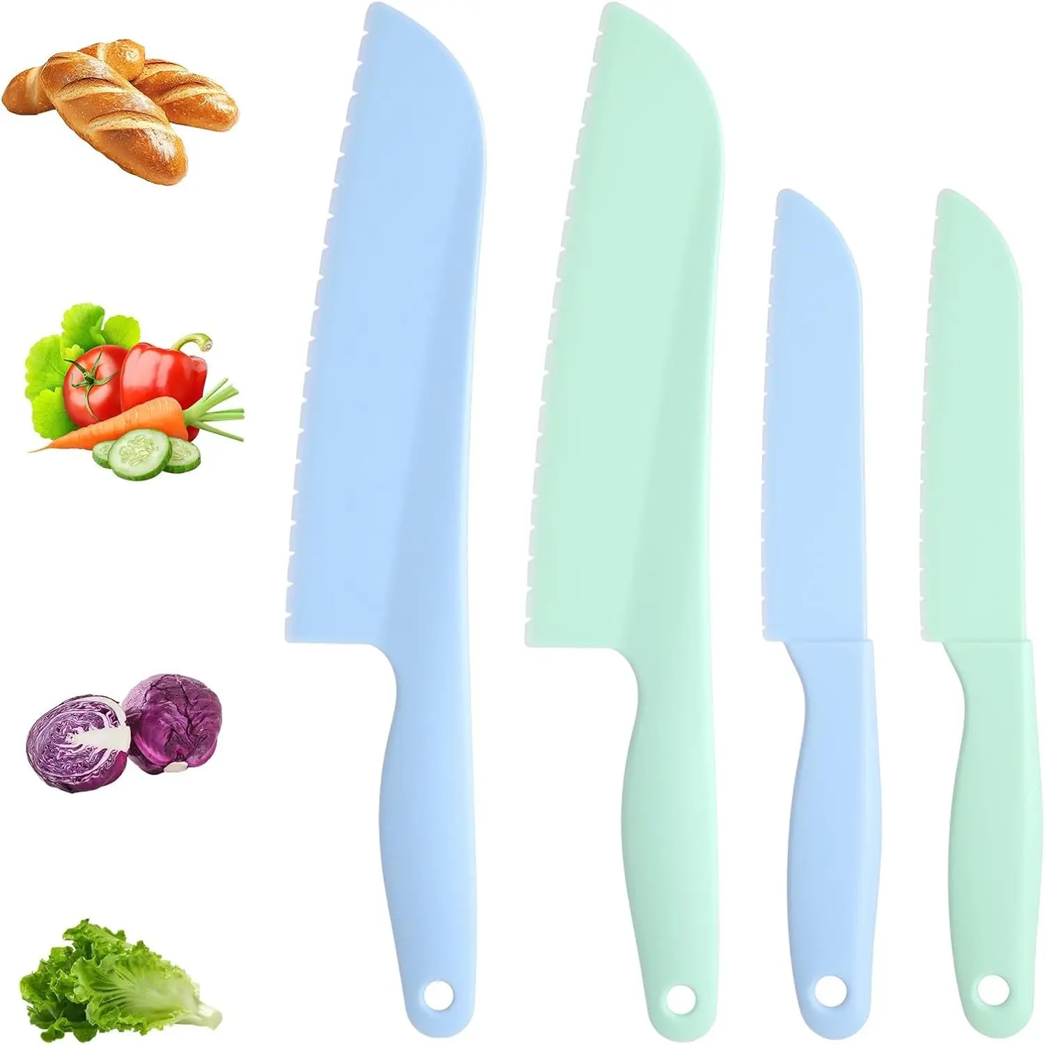 4 Pack Serrated Lettuce Knife Set, 11" & 8.5" Plastic Nylon Kitchen Cutters, Anti-Browning, Suitable for Cutting Fruits Cakes Bread, Dishwasher Safe, Kid-Friendly, Fit for Nonstick Pans, Blue & Green