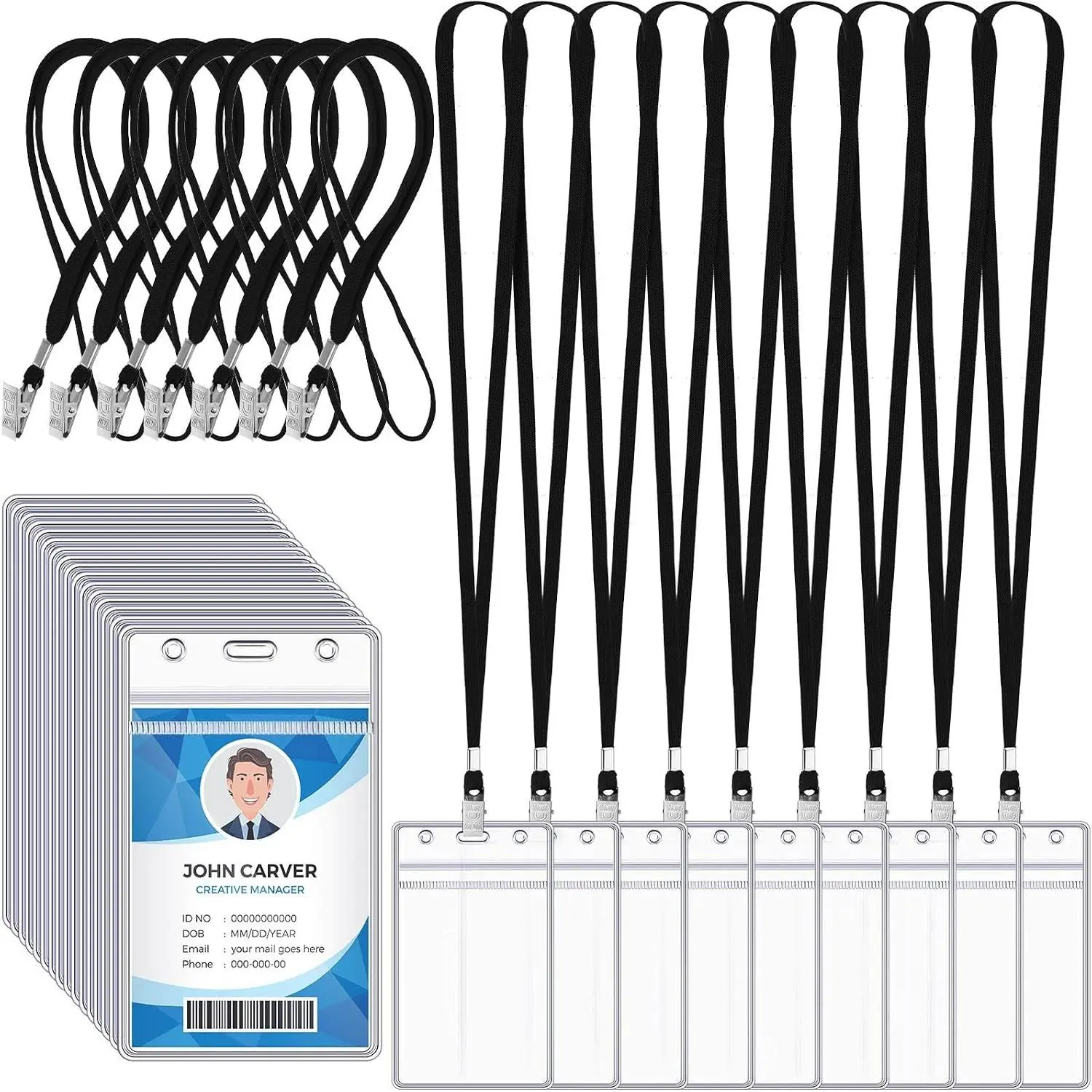 200 Pcs ID Badge Holder with Lanyard Lanyards for ID Badges Resealable Flat Neck Name Tag with Clip Waterproof Plastic Clear Badges Bulk for School Office Supplies (Black)