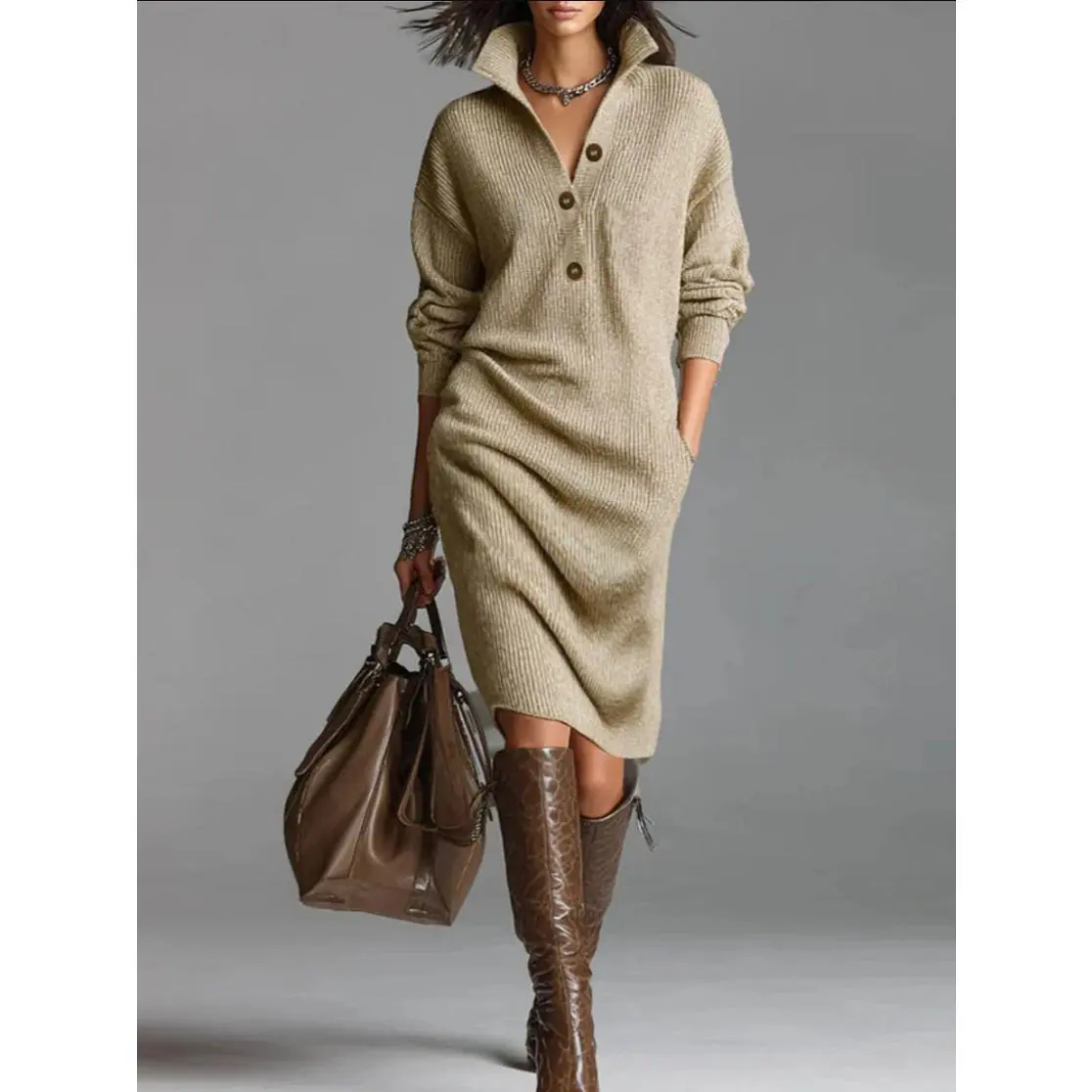 2026 Women's Elegant Loose Hem Sweater Knit Pullover Mid-Length Dress Soft Warm Casual Daily Wear Fall Winter Fashion Long Sleeve Comfortable Flowy Hem Midi Dress For Ladies