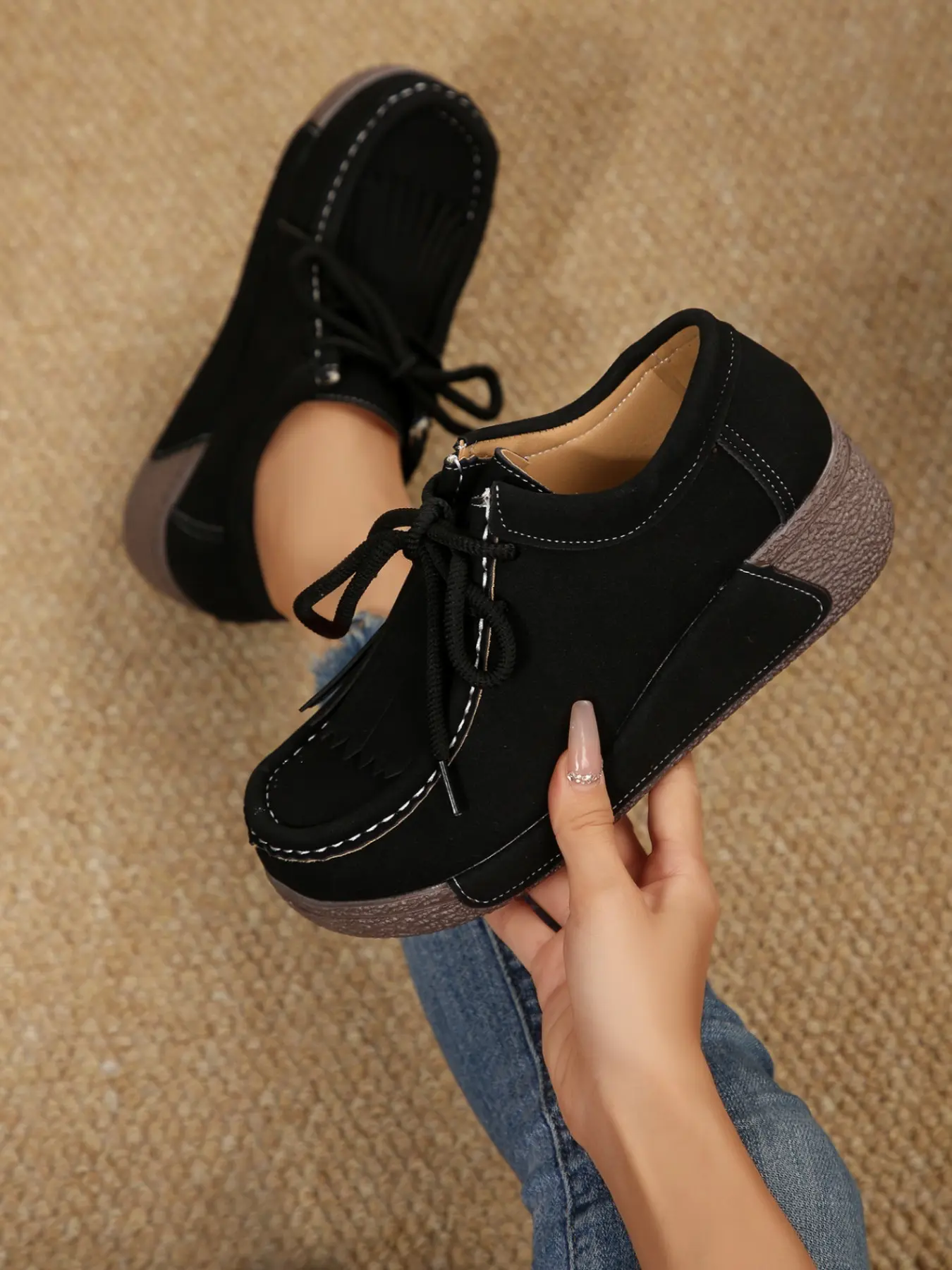 Women's Comfortable Wedge Heeled Loafers, Fashion Tassel Laces, Orthopedic Thick Sole, Lightweight Casual Walking Shoes, All-Day Wear