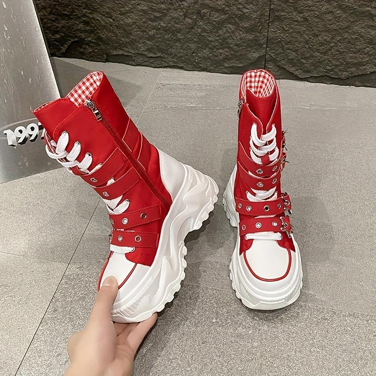 Chunky Platform Thick-Sole Height Increase 1.38 1.97 Lift Lace-Up Round-Toe All-Season All-Terrain Traction Low Heel Rubber Sole Fabric Upper Casual Athletic Wear Brown Black Easy-Clean Hand Washable