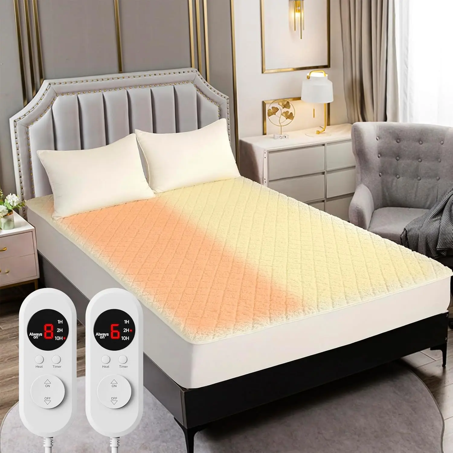 Heated Mattress Pad Queen Size(60"x80") Electric Bed Warmer Dual Zone Control 8 Heat Settings 10 Hour Auto Off Overheat Protection Deep Pocket Machine Washable Beige