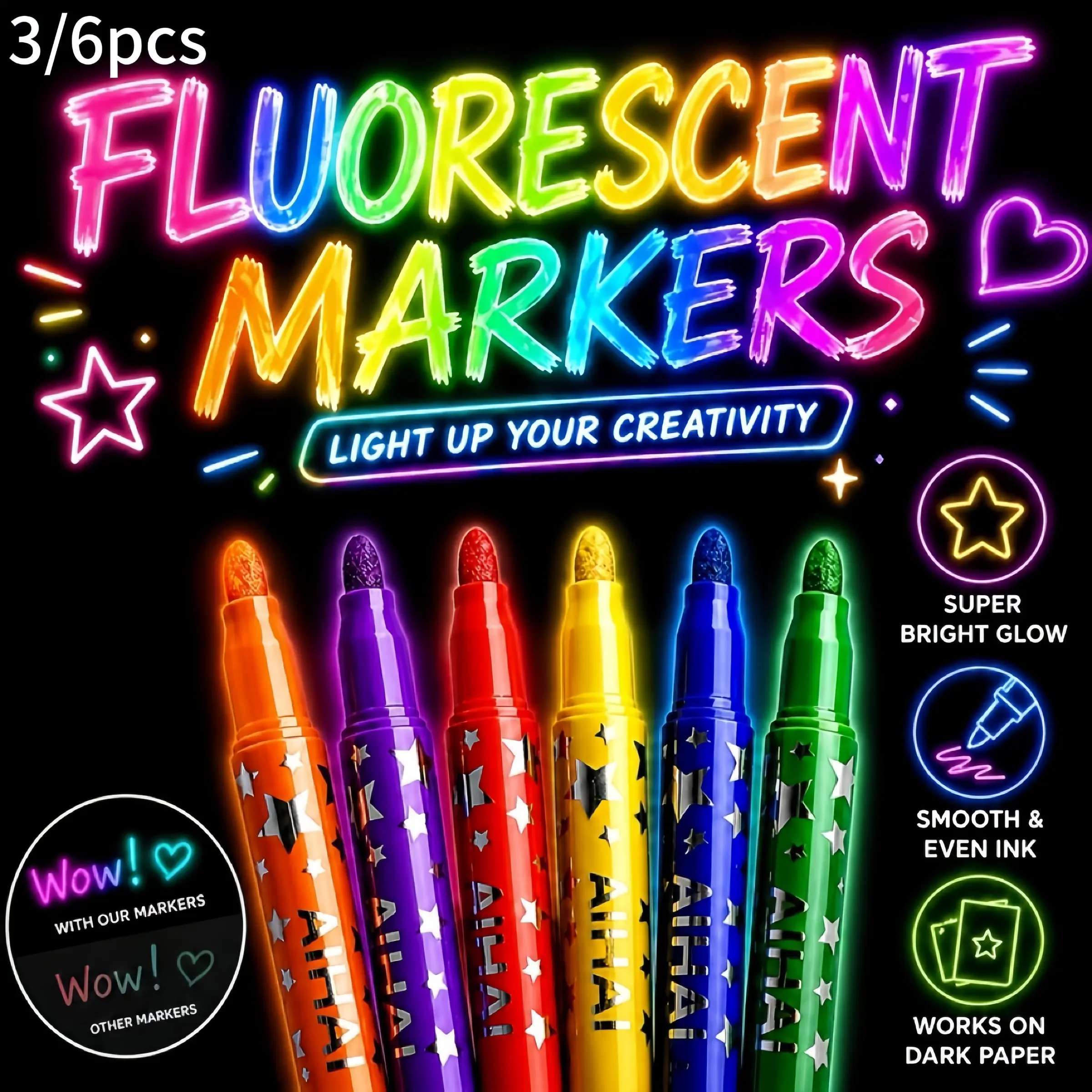 3/6 Pack Glow-In-The-Dark Highlighter Pens, Neon Pattern Markers, Creative Graffiti Pens, Ideal for Diaries, Notebooks, DIY Crafts, Gifts