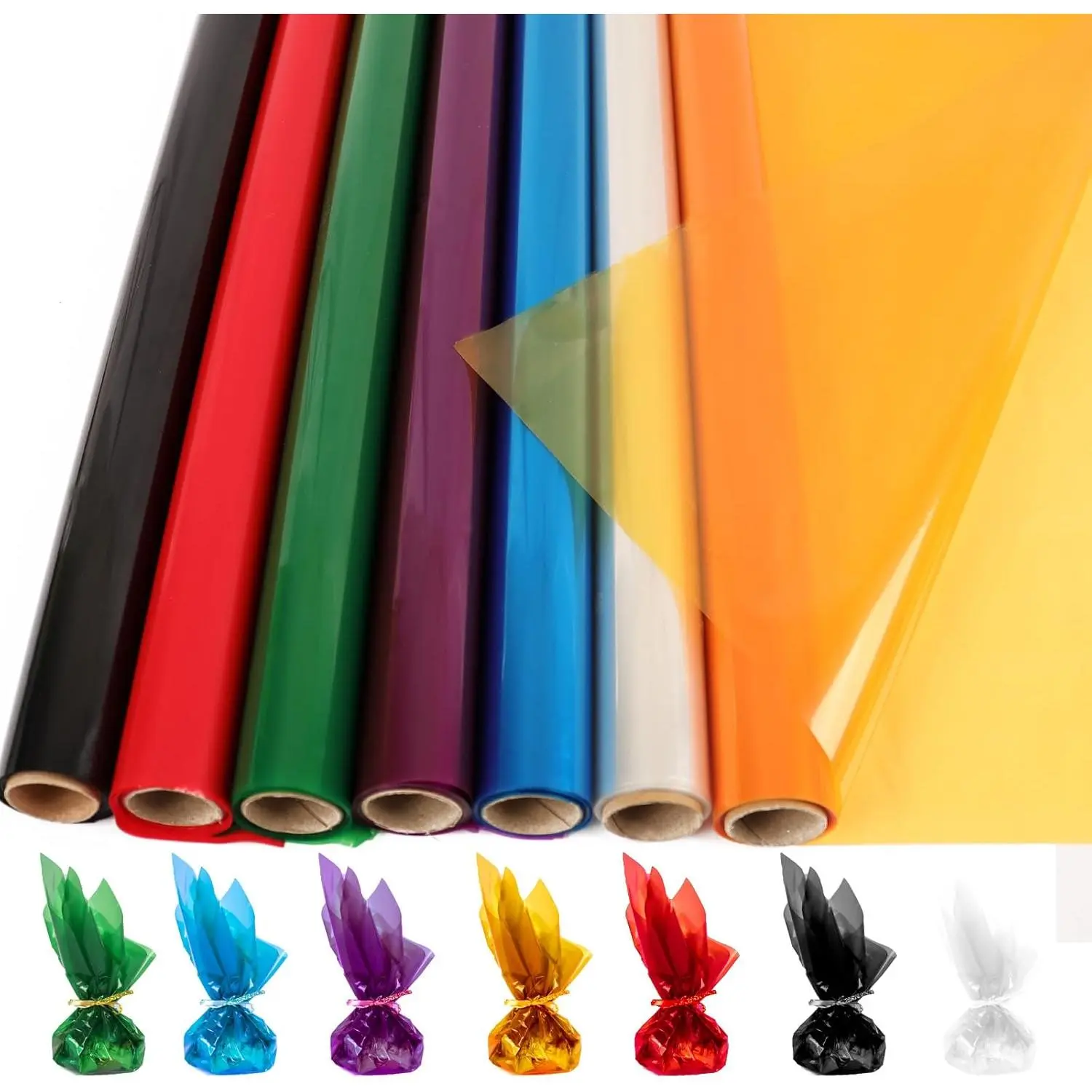 7 Rolls Colored Cellophane Wrap Roll (34 in x 16.4 ft x 7 Colors) Extra Wide Cellophane Roll Transparent Color Cellophane  Wrapping for  Baskets,, DIY Craft, Shower,