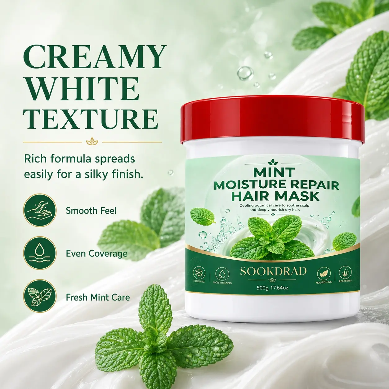 Mint Moisture Repair Hair Mask, with mint ingredient, cooling botanical care, moisturizing, nourishing, repairing, soothe scalp, for dry hair, 500g