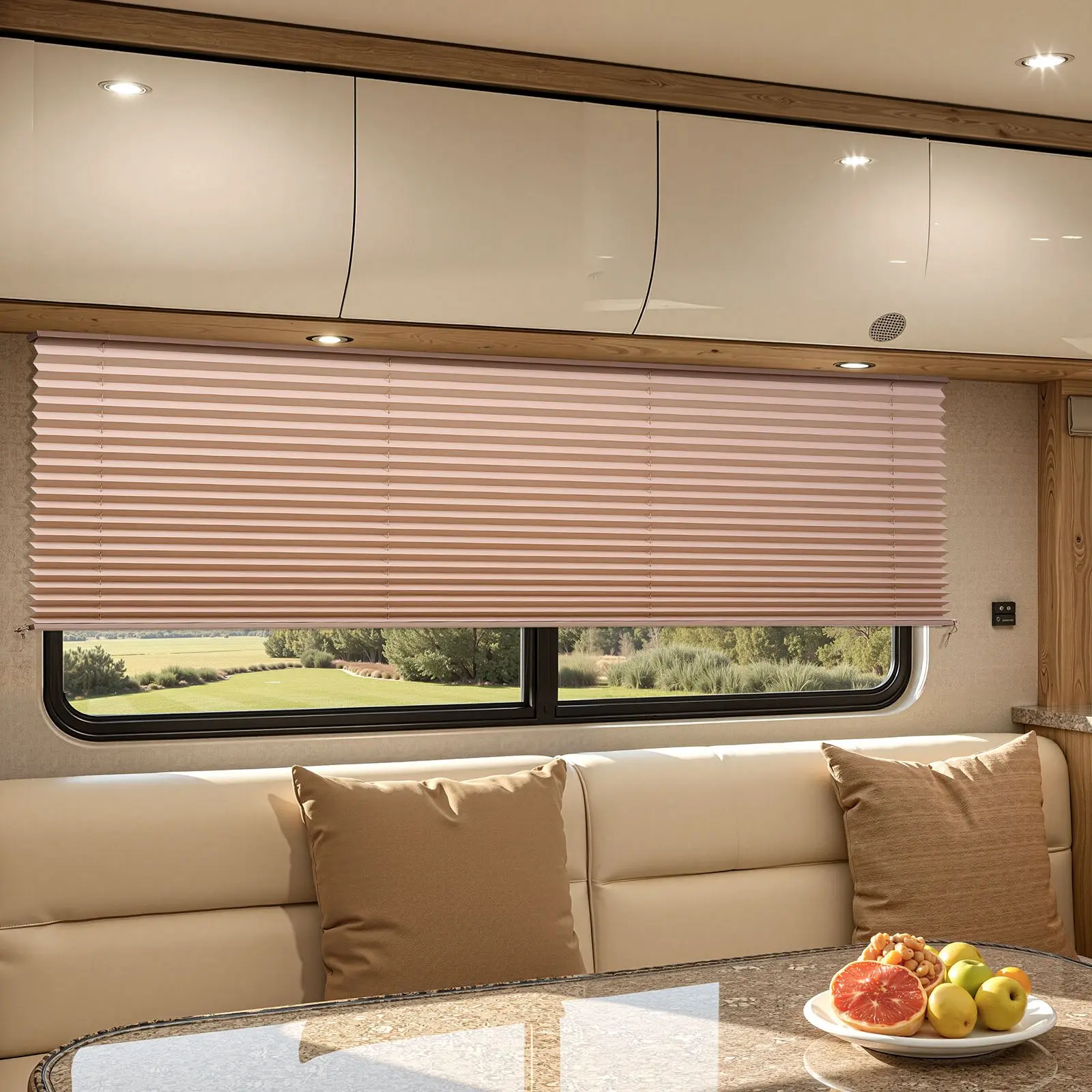 VEVOR 62x32 in RV Pleated Shades with Pleated Folds, Polyester Fabric, Easy to Clean & Install, Privacy Focus, Sunlight Blocking, for Camper, Travel Trailer Window Blinds, Cappuccino