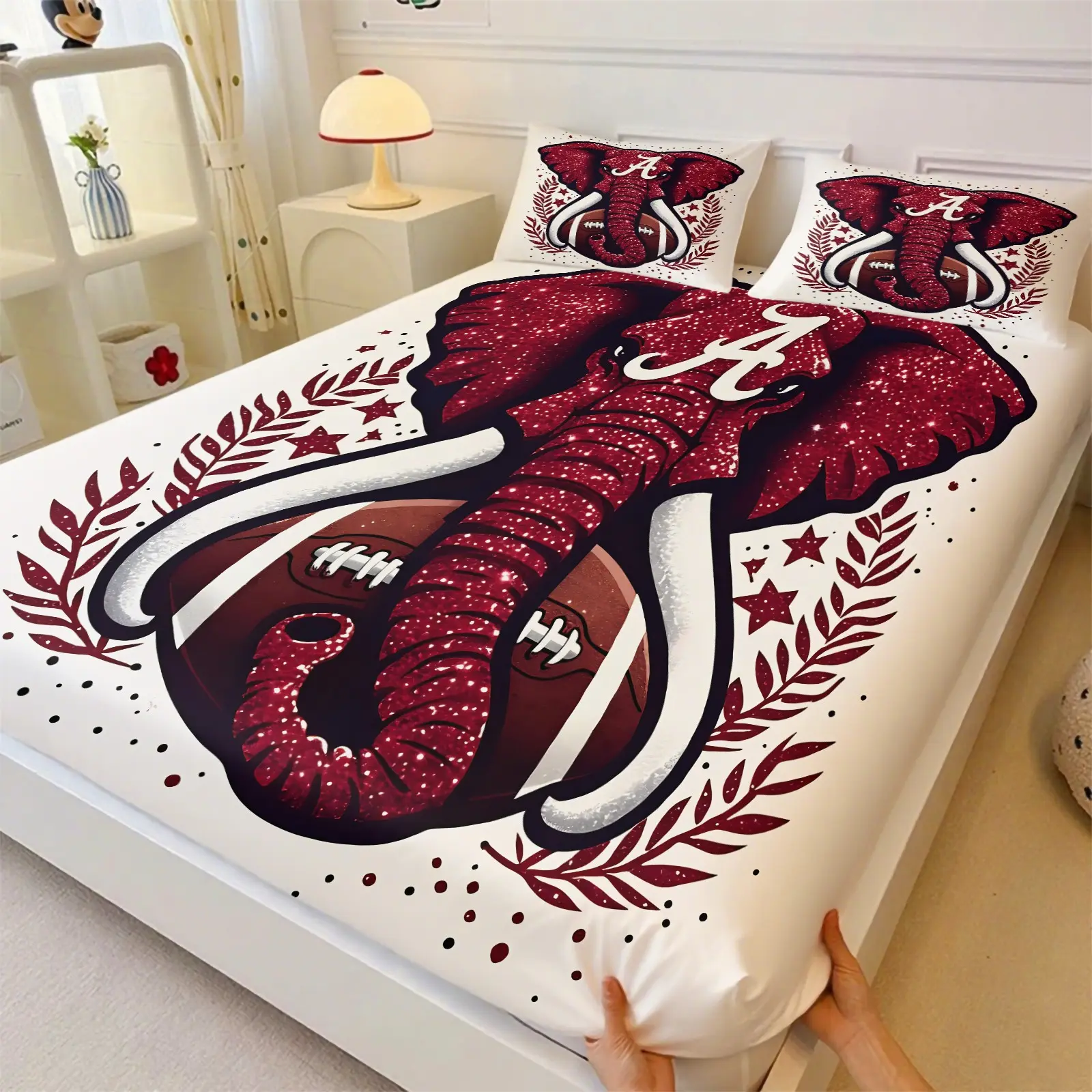 Alabama Crimson Tide Themed Fitted Sheet Set, 1 Fitted Sheet + 2 Pillowcases , Burgundy Glitter Elephant, Football & Letter A Design,Stretch Deep Pocket Mattress Protector，Sports Bedding For Teens & Young Football Supporters, Breathable Durable Sheets