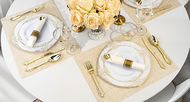 Bestluck 175PCS Gold Plastic Plates for 25 Guests, Disposable Dinnerware Sets Include 50 Gold Rim Plastic Plates, 25 Silverwares, 25 Cups, and 25 Pre Rolled Napkins for Party, Wedding and Graduation Bestluck 175PCS Gold Plastic Plates for 25 Guests, Disposable Dinnerware Sets Include 50 Gold Rim Plastic Plates, 25 Silverwares, 25 Cups, and 25 Pre Rolled Napkins for Party, Wedding and Graduation