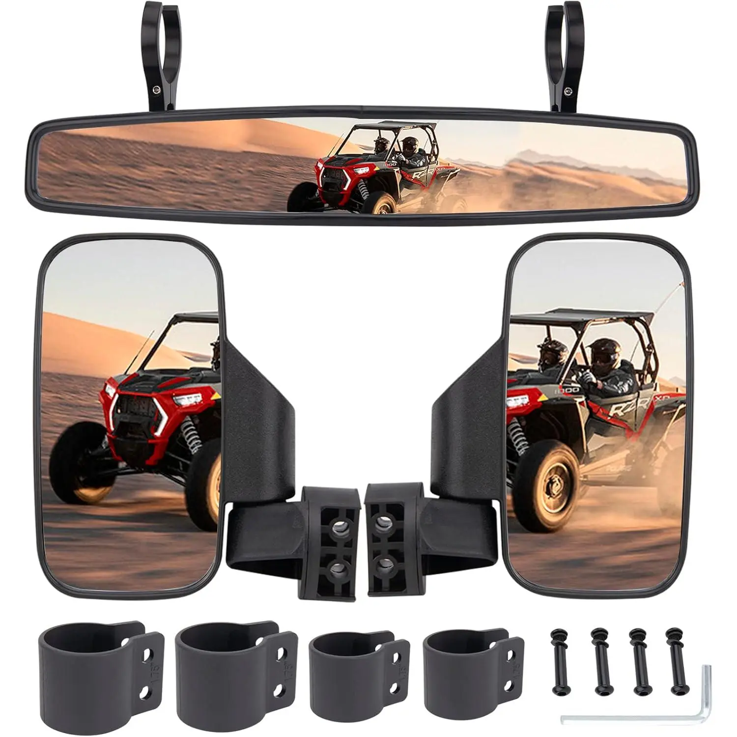 UTV Side Rear View Mirror with 1.75"-2" Roll Bar Cage Compatibility, Rugged Shell Design, 5" Wide by 7.5" Tall ABS Mirror, Fits Polaris RZR, Honda Pioneer, Yamaha Rhino, Kawasaki Teryx, Can-Am Maverick, 90 Days Return and Exchange, Front And Rear Set