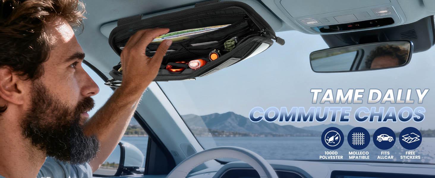 Molle Visor Organizer for Car, 1000D Polyester Tactical Panel Sun Glasses Holder with Zipper Pockets, Adjustable Straps for SUV Truck Pickup Patrol Car Sto