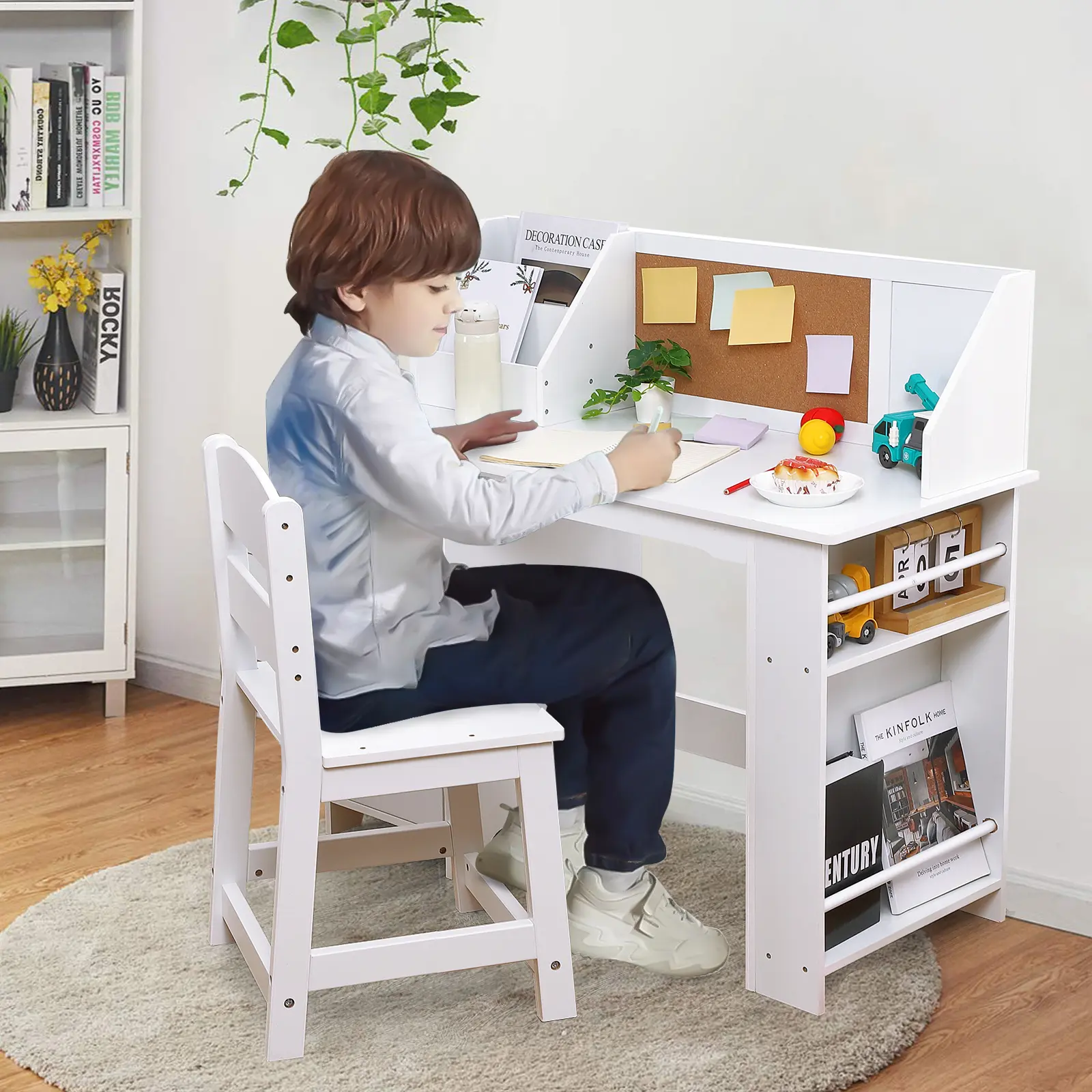 Versatile Kids Desk and Chair Set, Wooden Study Art Table with Hutch, Bookshelf, Bulletin Board & Cabinets, Ample Storage for Boys Girls Ages 3-8