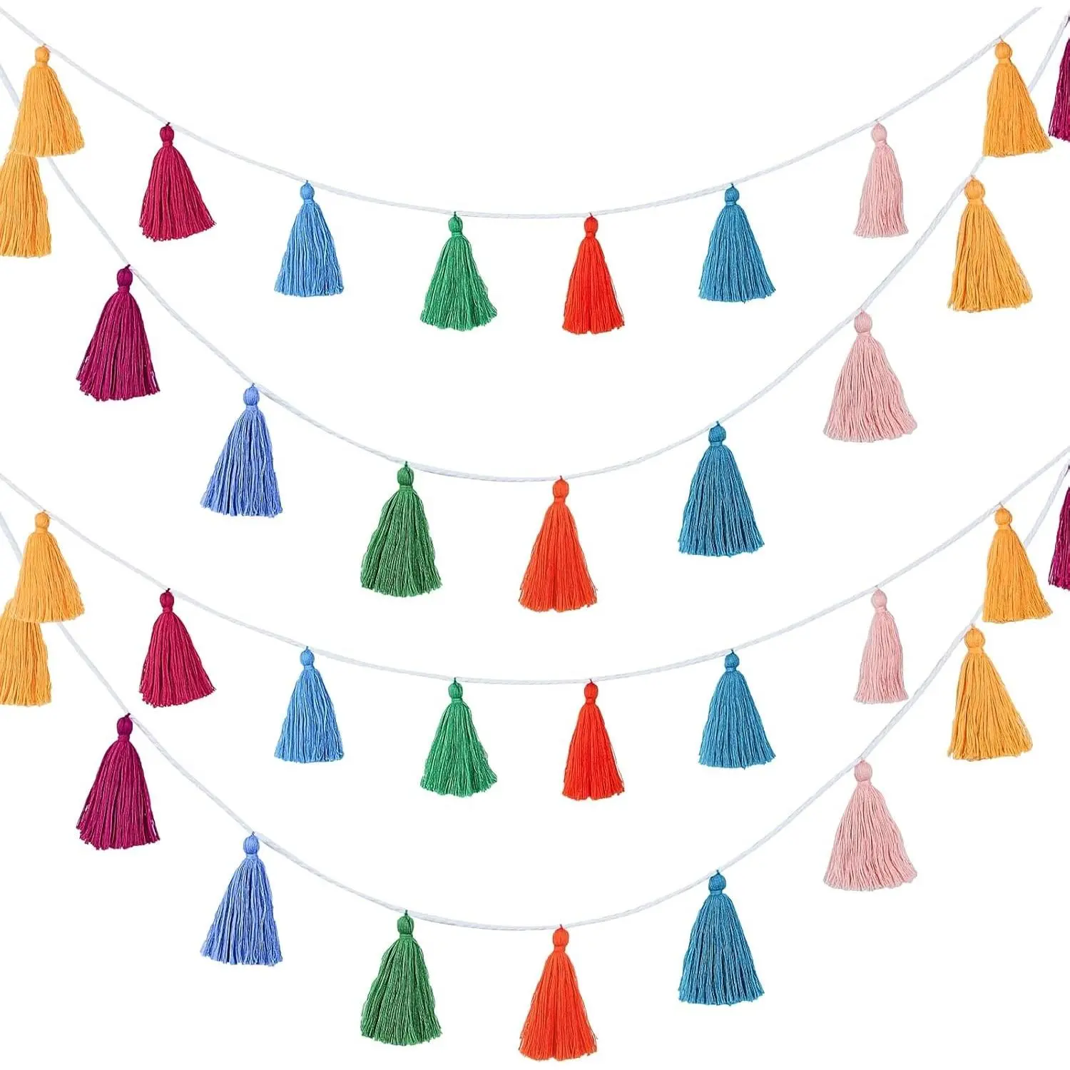 Cotton Cozy 4-Piece Rainbow Tassel Garland Set - Multicolor 3.15in Photo Banner, Boho Wall Decor for Party, Nursery Home Decoration