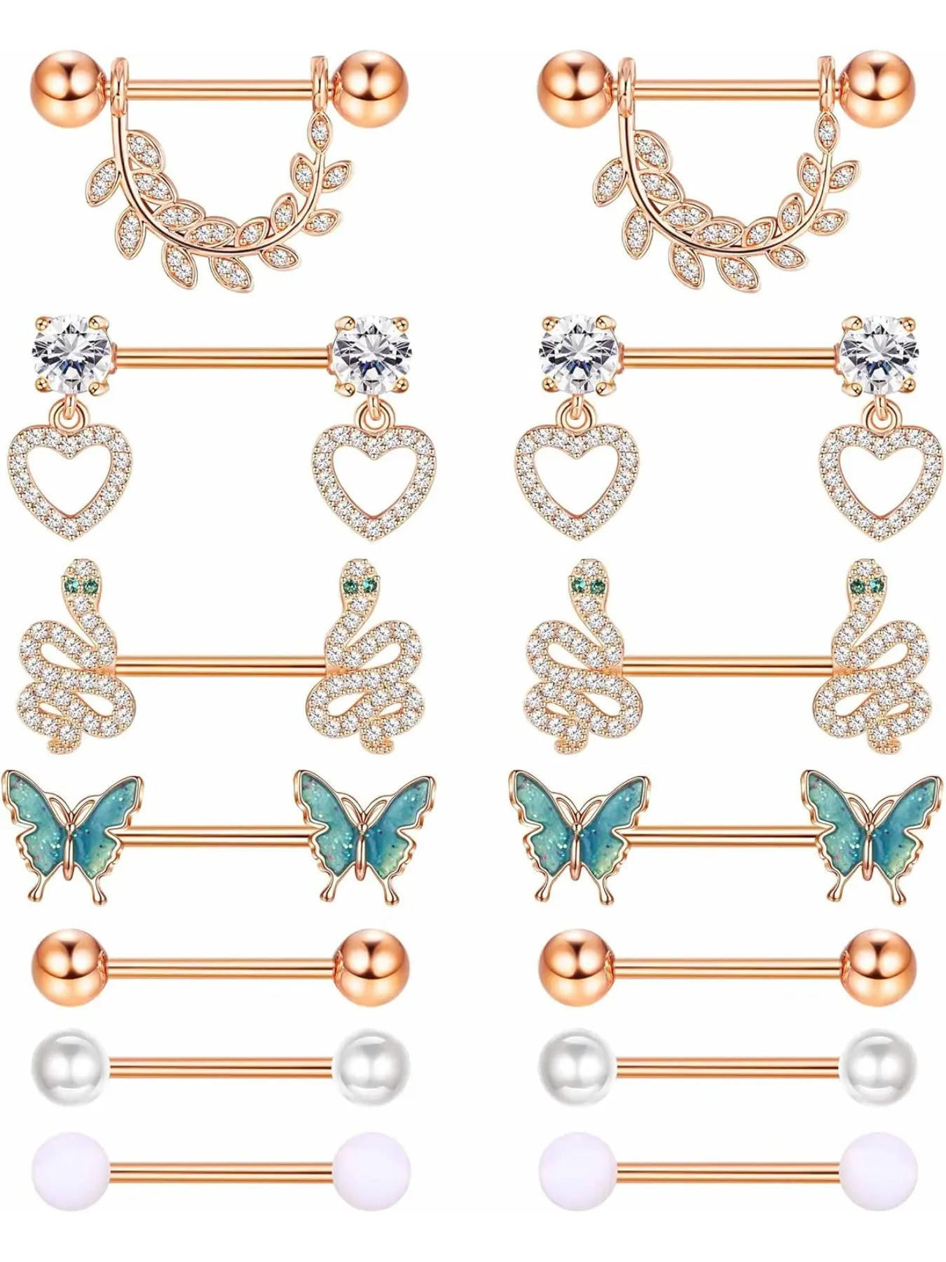 7 Pairs Nipple Piercing Jewelry, Tongue Rings for Women Men, Cute Cz Ball Heart Butterfly, Stainless Steel, 14g Body Jewelry Set
