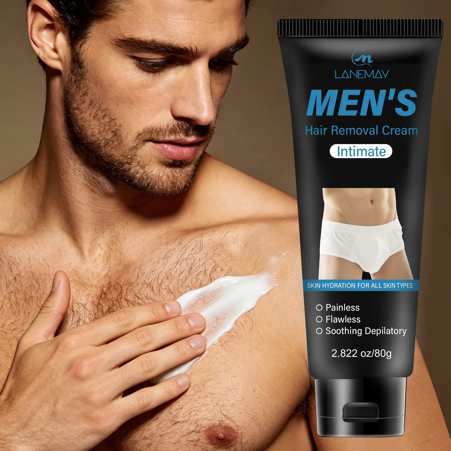 Men's Gentle Hair Removal Cream, Full Body Use, Underarms, Legs, Chest, Intimate Areas, Mild Hair Removal, Moisturizing Formula
