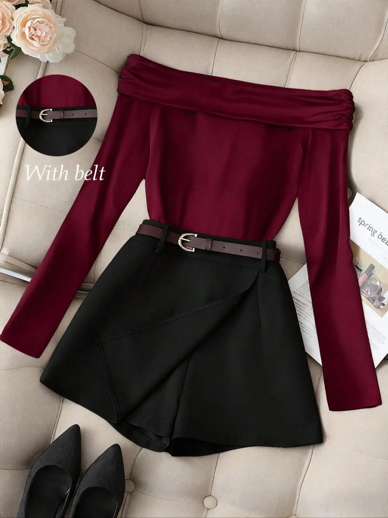 Spring and Autumn one-shoulder long sleeved off shoulder two-piece set Top with belt design and black suit shorts set suitable for commuting in the workplace and casual daily wear in cafes