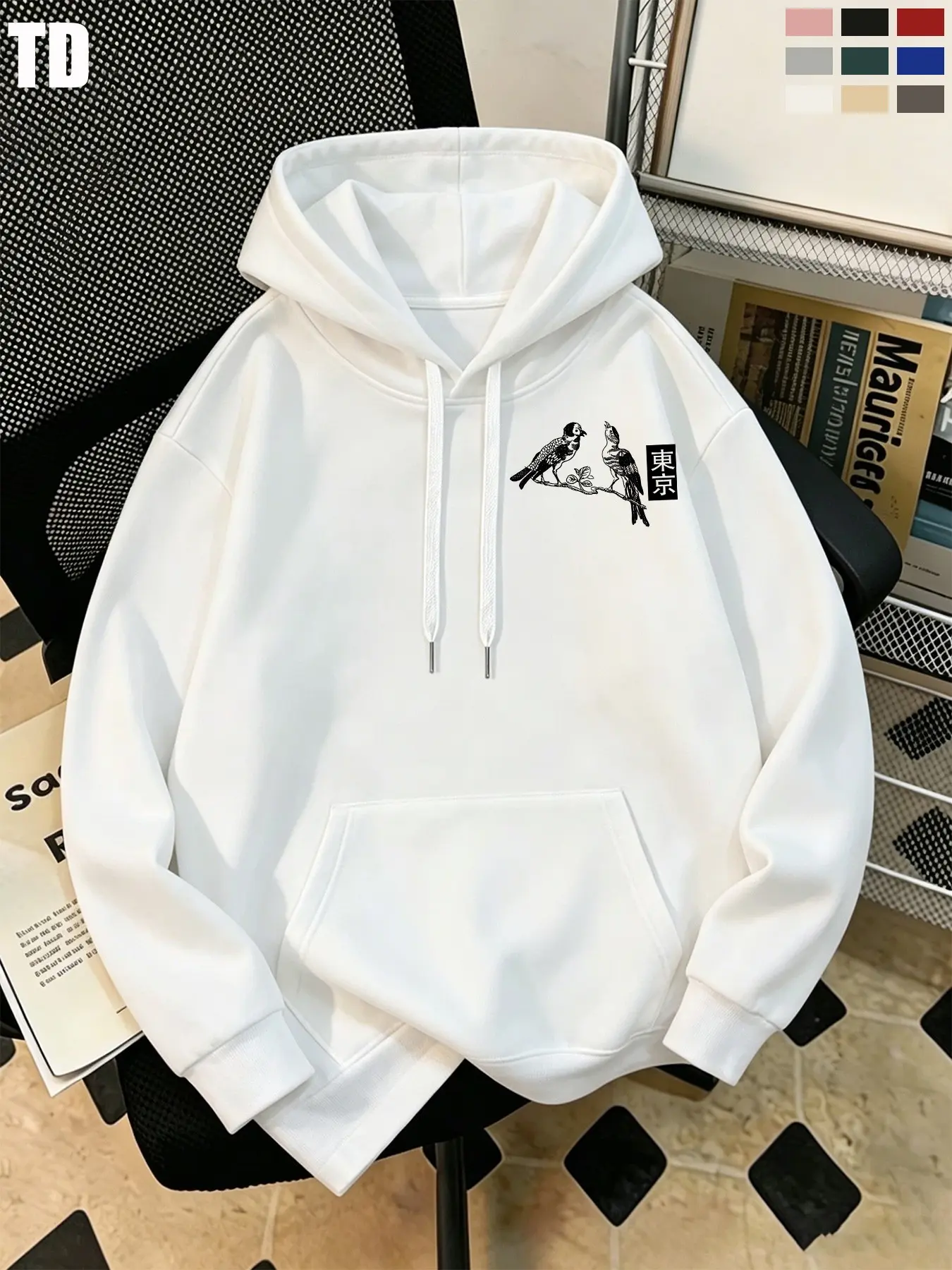 Td Men's New Trendy Floral Plain Fleece Lined Hooded Sweatshirt, Casual Long Sleeve Asymmetrical Design, Spring & Fall Outerwear