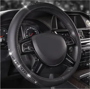 Bling Diamond Black Leather Steering Wheel Cover, Studded Crystal Rhinestones Universal Fit 14" 1/2-15" Glitter for Women Sparkle Girl Fit Suvs,Vans,Sedans,Car,Trucks, Silver Diamond
