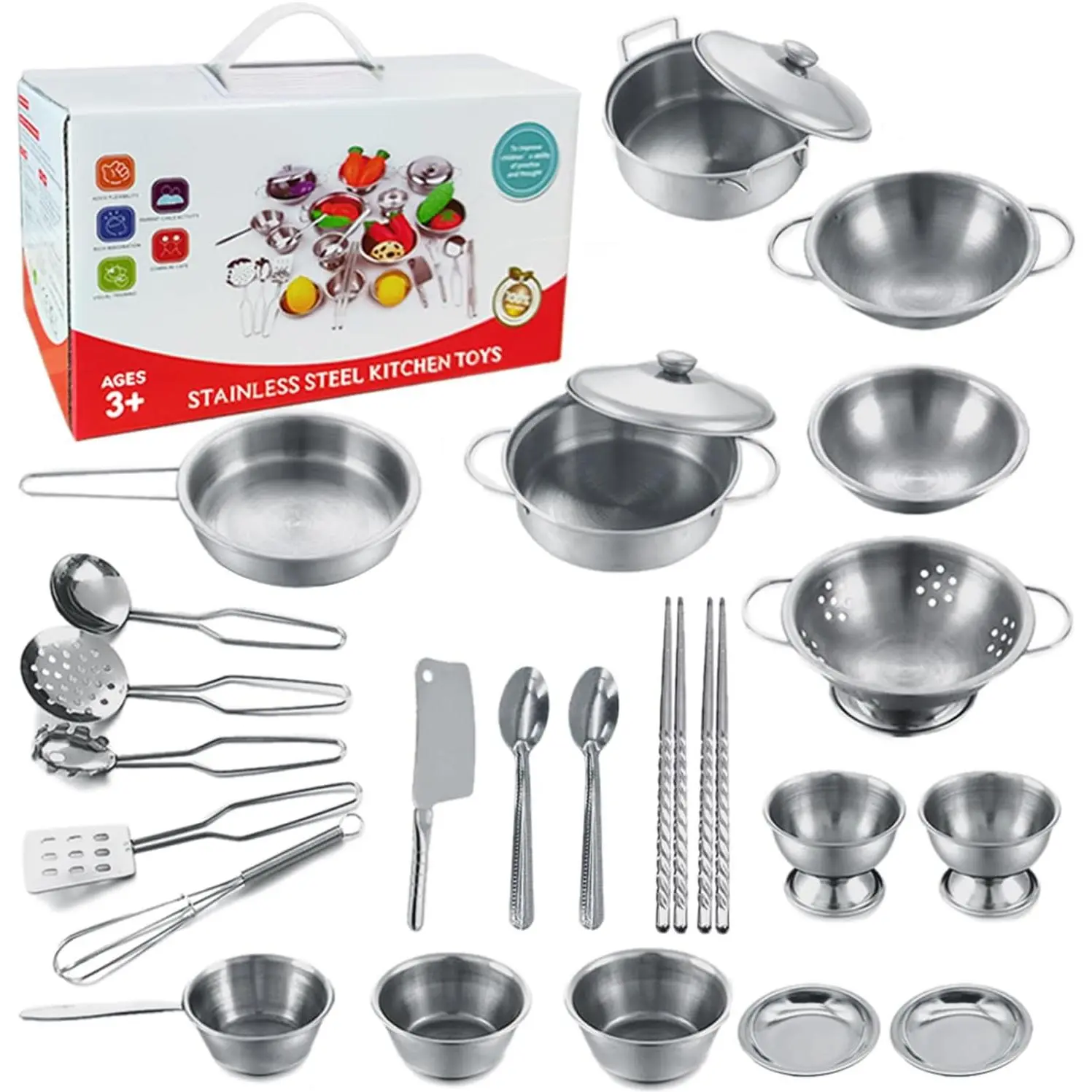 Tiny Classic Stainless Steel Kitchen Toys Cooking Utensils Set-Pretend Play Pots Pans Toy Cookware Kits  Kids Cooking Utensil Set Interactive Learning Role Play Educational Toys  Kids Mini Size