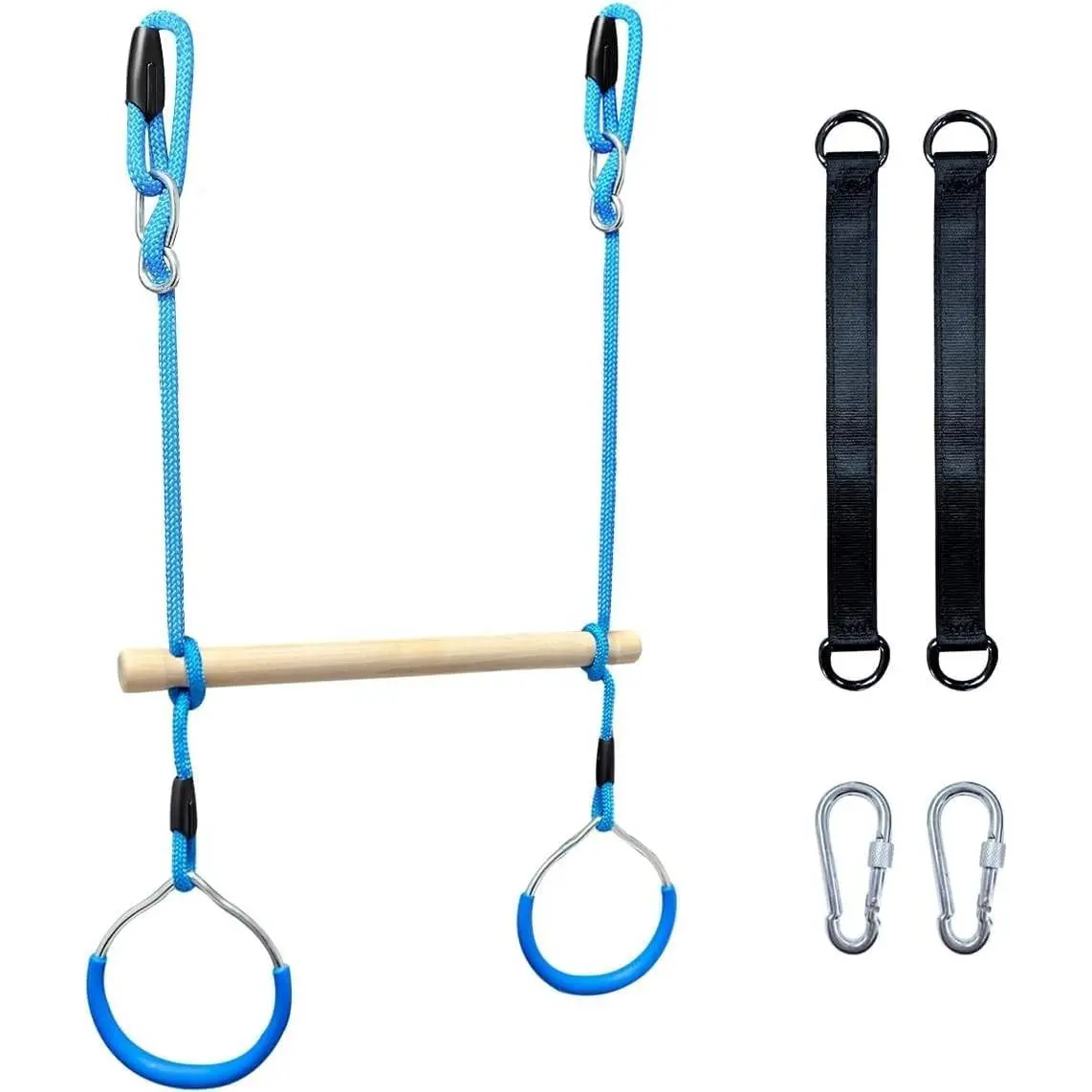 Trapeze Swing Bar with Gymnastic Rings Accessories for Obstacle Course Monkey Bars, Suitable for Indoor Outdoor Garden Backyard Playground Playroom (Blue)