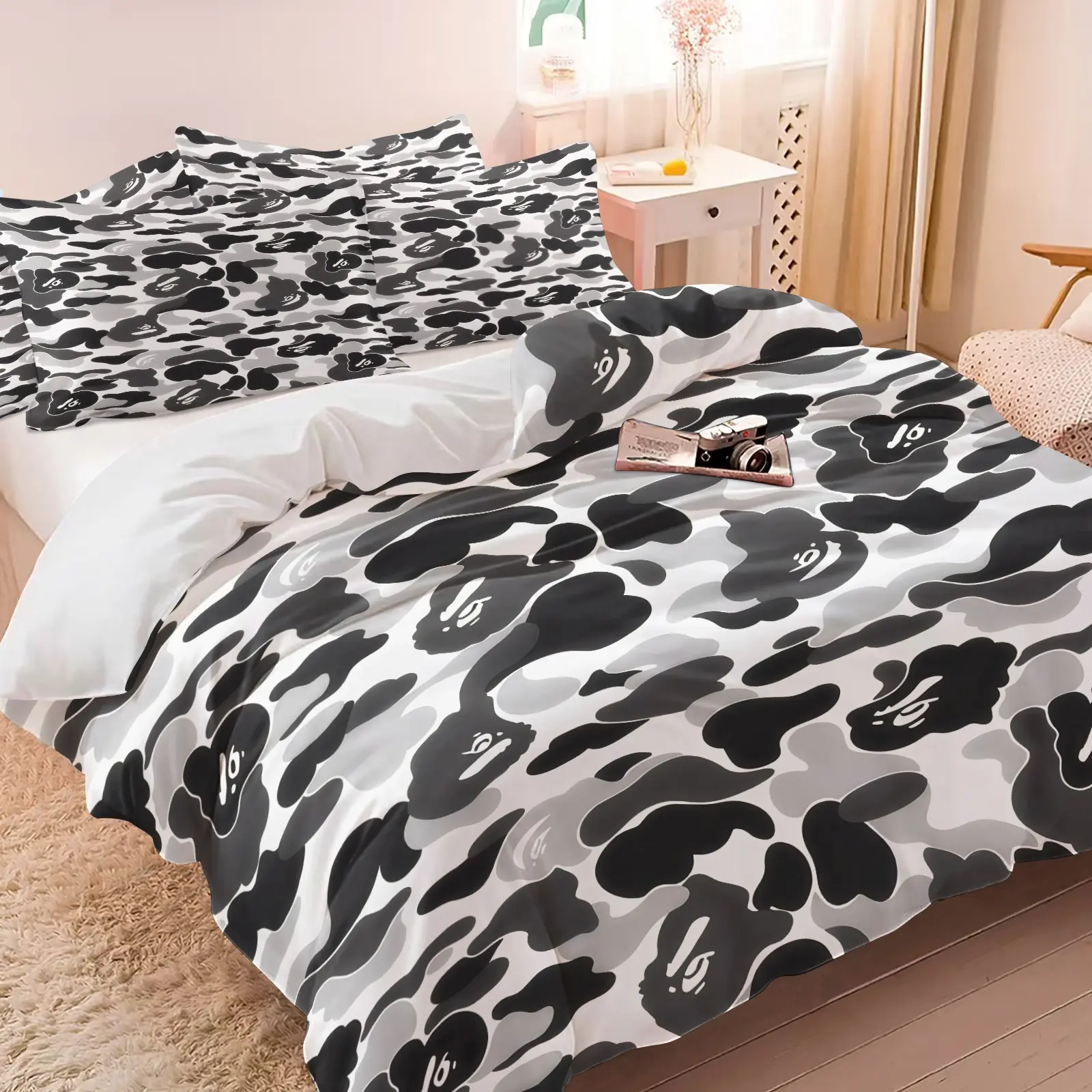 Black and White Camo Cartoon Ape Print Duvet Cover Set-1 Duvet + 1-2 Pillowcases-Minimalist Street Fashion Pattern-Soft Comfortable Bedding-Trendy Cool Boys & Girls Bedroom Dorm or Ins Style Bedroom Decor-Comfy Bedding Set