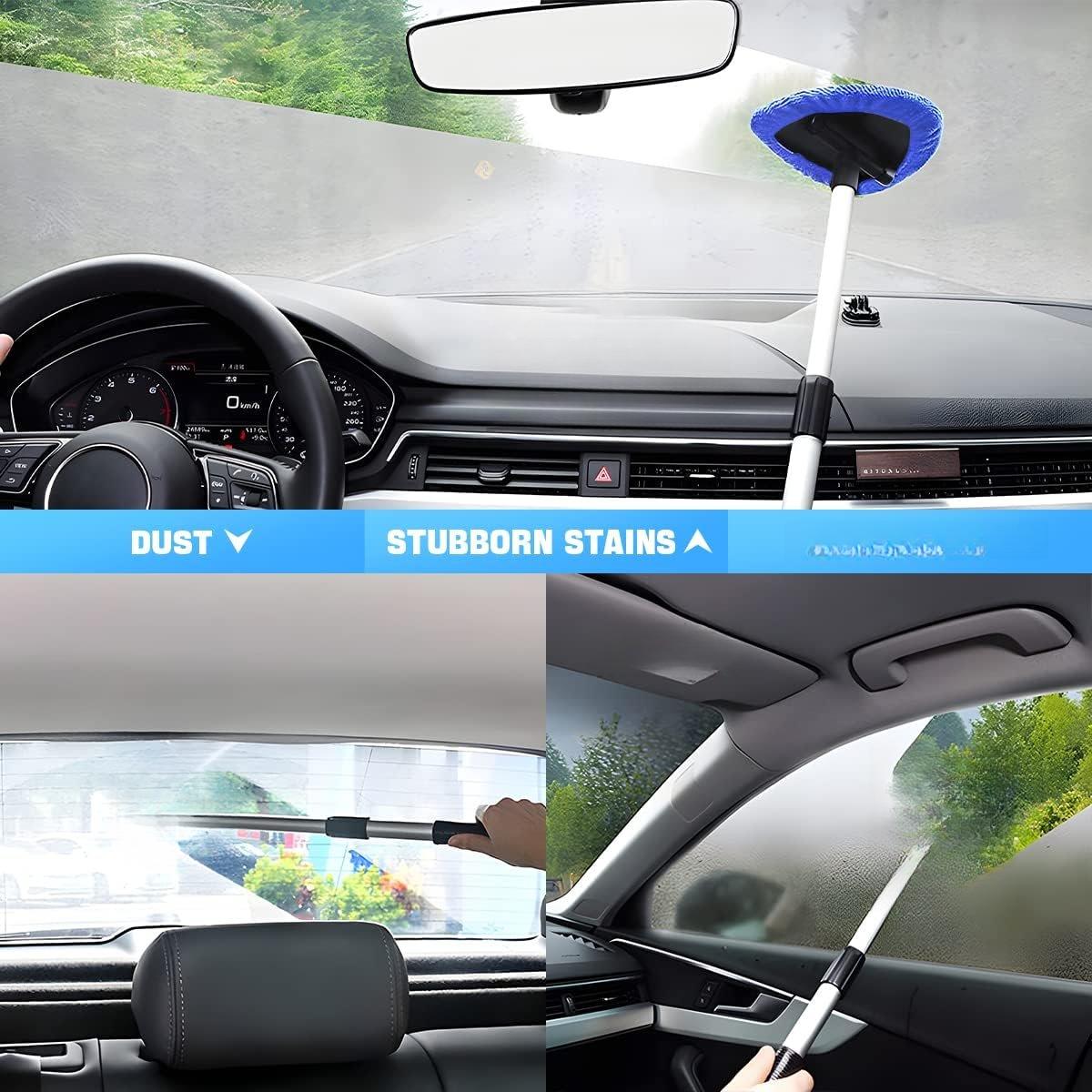 Windshield Cleaning Tool, Car Window Cleaner with Extendable Long Handle and 4 Washable Reusable Microfiber Pads, Auto Interior Exterior Glass Wiper Cleaning Kit Universal for Office and Home (Blue)
