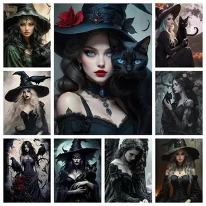 Whimsical Goth Paint by Numbers for Adults with Stretched Canvas Frame 16x20" 40x50cm Witchcore Aesthetic Dark Fantasy Witch Black Cat DIY Acrylic Oil Painting Kit Room Decor Moody Wall Art Crafts Gift Pre-framed Paint by Number Kit