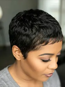 Curly Wave Human Hair Wig for Women Fulll Machine Made Wig Pixie Cut Wig 150% Density 6 Inch
