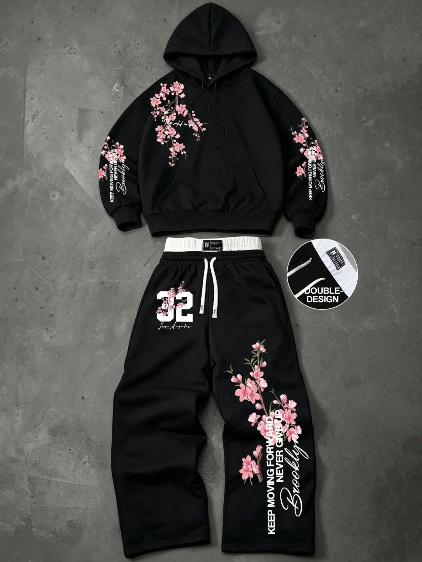 Y2K Floral Cherry Blossom Hoodie Set 2 Piece Oversized Baggy Sweatpants Tracksuit Men Women Streetwear Graphic Sweatsuit for Casual Daily Outfit