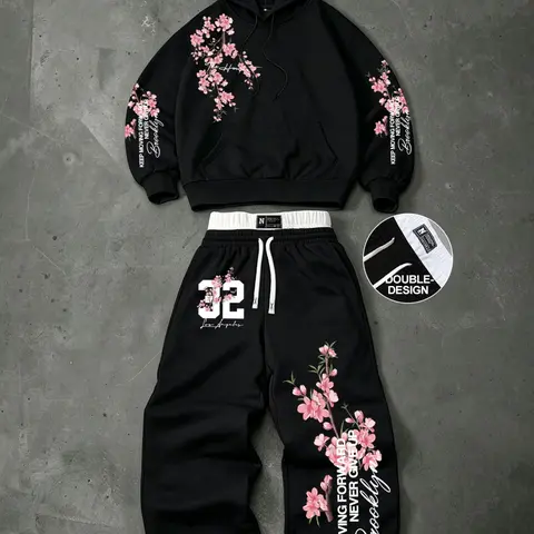 Y2K Floral Cherry Blossom Hoodie Set 2 Piece Oversized Baggy Sweatpants Tracksuit Men Women Streetwear Graphic Sweatsuit for Casual Daily Outfit Casual Sweatsuits Set