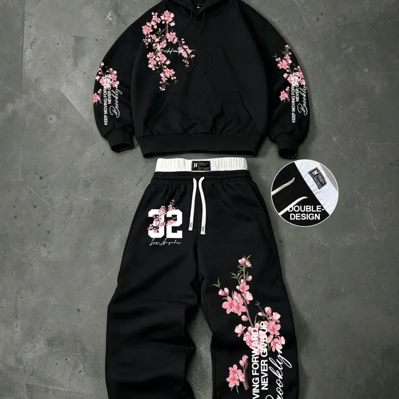 Y2K Floral Cherry Blossom Hoodie Set 2 Piece Oversized Baggy Sweatpants Tracksuit Men Women Streetwear Graphic Sweatsuit for Casual Daily Outfit Casual Sweatsuits Set