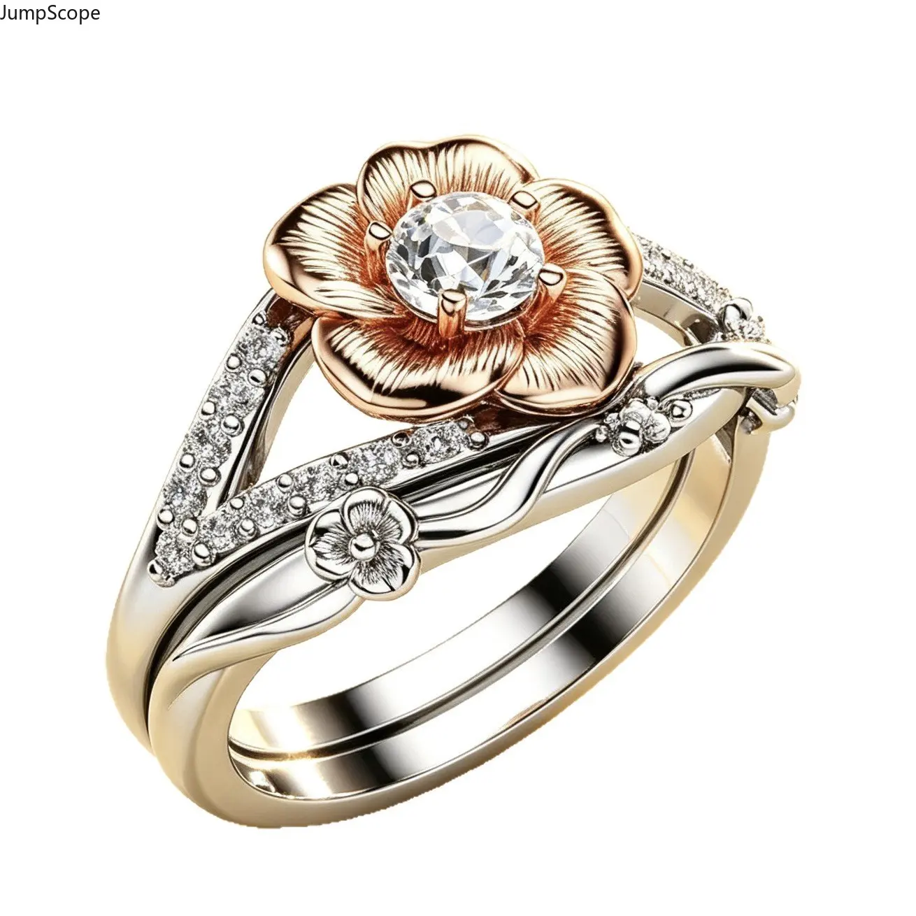 2-Tone Silver Rose Gold Floral Female Ring Set, Sculpted Rose Vine Cubic Zirconia Stackable Bands, Elegant Bridal Wear Statement Pieces for Indoor Recreation