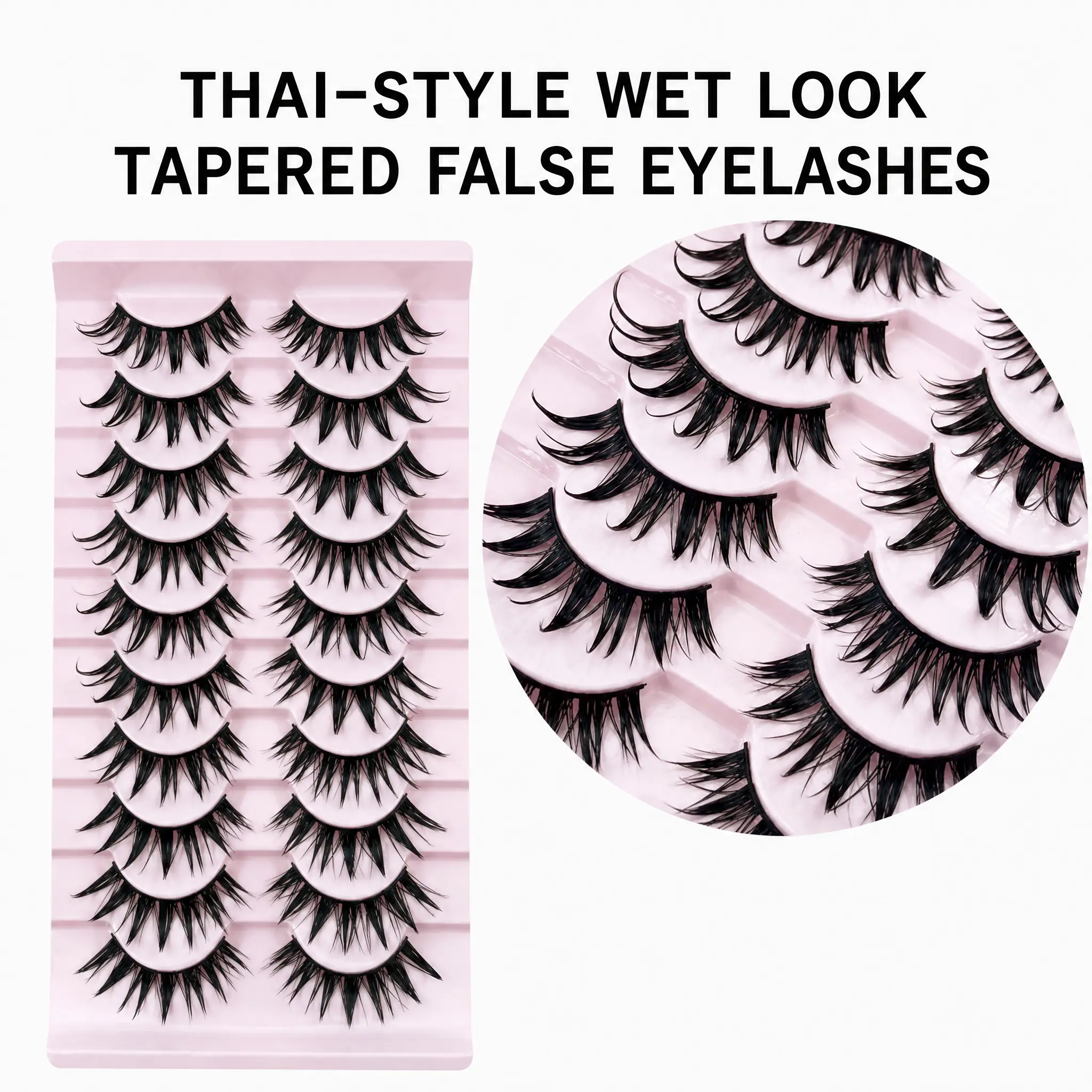 10 Pairs Thai Wet Look Tapered False Eyelashes, Spiky Cluster Strip Lashes, Dramatic Pointed End Eye Lashes For Thai Style Makeup Festival Daily Dating Look