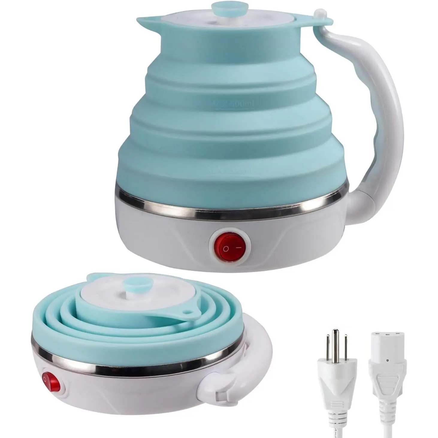 Travel Foldable Electric Kettle, Collapsible Electric Kettle Food Grade Silicone Small Pot Boiling water,Dual Voltage（600ml,110-220V US Plug） (Blue)