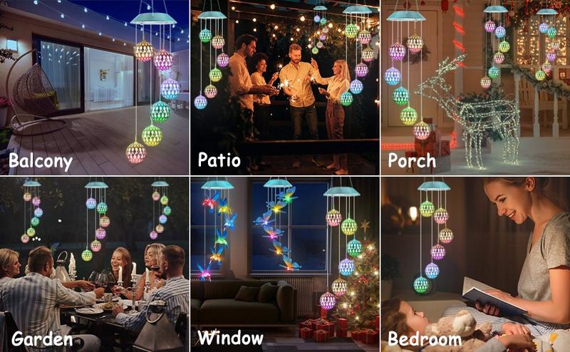 Solar-powered color-changing spherical lights, featuring a gold/silver Moroccan design, are outdoor waterproof 6-LED decorative lights, making them the perfect gift for mothers, wives, and daughters, suitable for porches, gardens, patios, and windows.