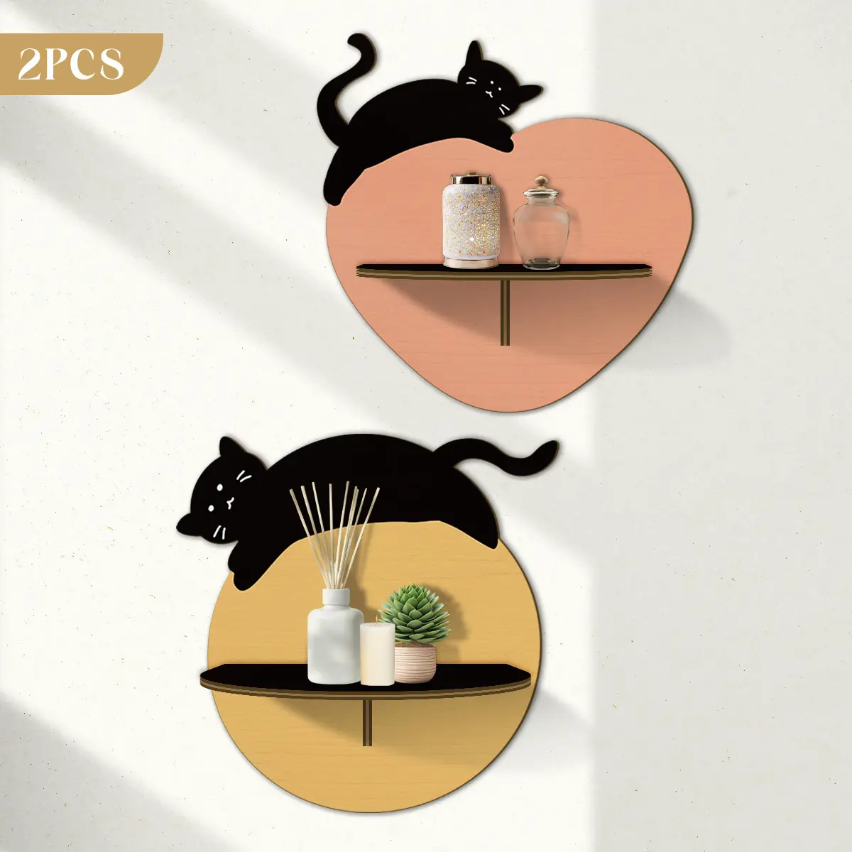 2 Pcs Cute Cat Shaped Wooden Wall Mounted Shelves, Organizer for Crystals & Ornaments, Decor for Living Room, Bedroom, Flower Shop, Cafe & Homestay, Perfect Gift