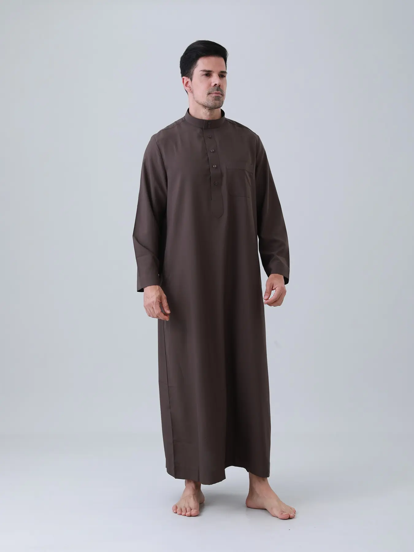 Men's High Elasticity Long Robe, Pure Color Stand Collar Long Sleeve Loose Muslim Robe, Arab Thobe, Wrinkle-Resistant, Suitable for Saudi Arabia, Dubai