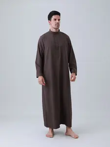 Men's High Elasticity Long Robe, Pure Color Stand Collar Long Sleeve Loose Muslim Robe, Wrinkle-Resistant, Suitable for Saudi Arabia, Dubai