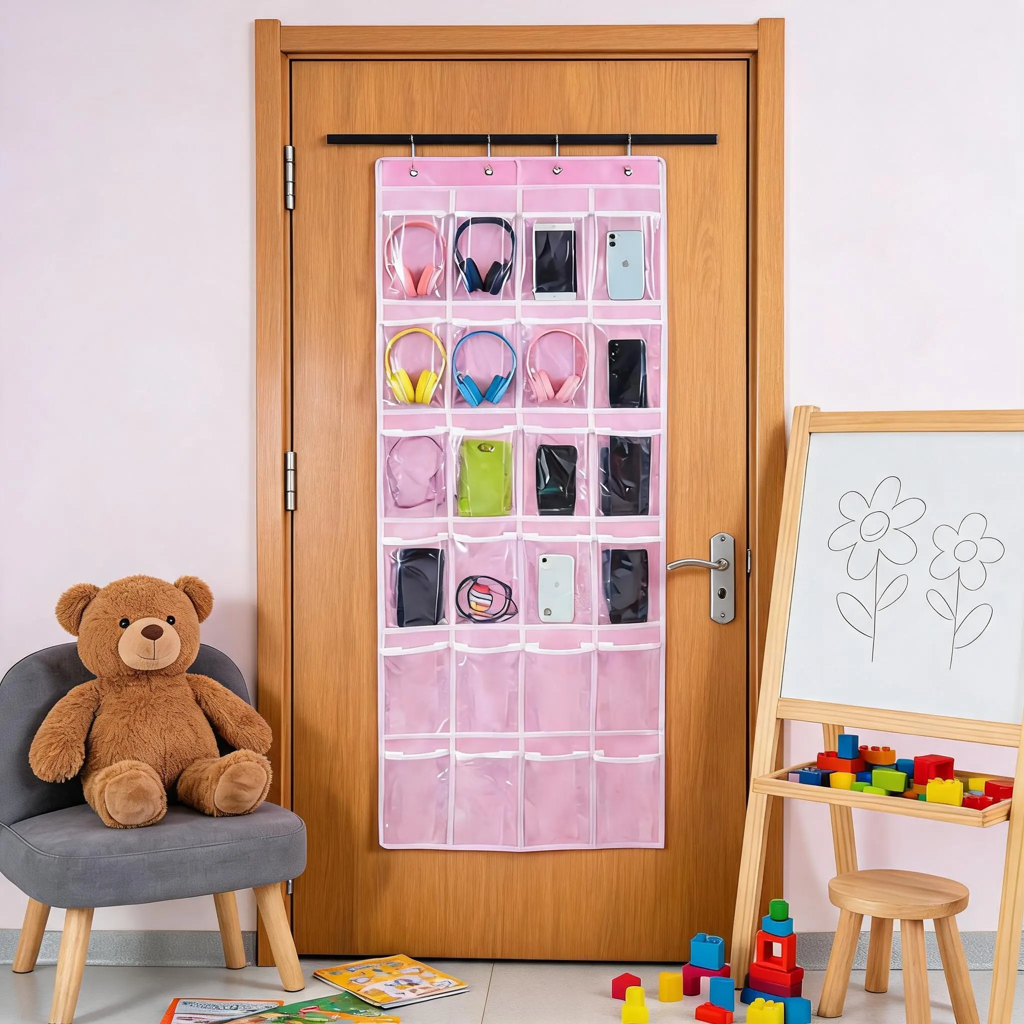 24-Pocket Over-the-Door Hanging Organizer - Clear PVC Pocket Storage Bag for Closet/Learning Space - Large Capacity for Headphones, Phones & Calculators - 4 Hooks Included