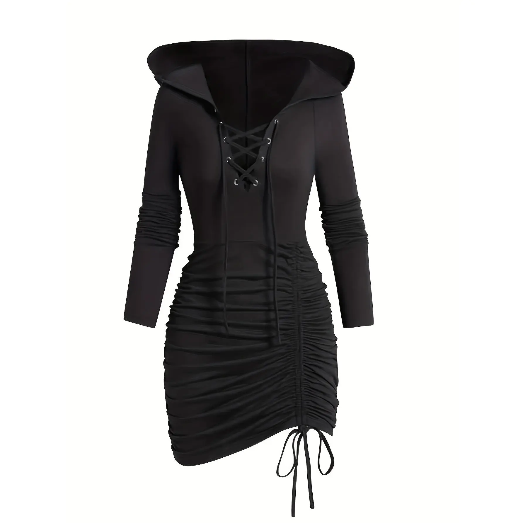 Targeted Development Hooded Dress, Long Sleeve V-Neck Long Dress with Tie-Up Detail,leopard,elegant,Pleated,unlined,halloween costume,blue,easter,baby,women's,western,clothing,bodycon,loose,classy,sundresses