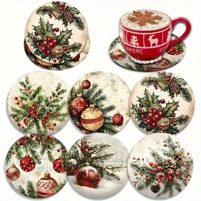 6 Piece Wooden Coaster Set, Christmas Theme Art Drink Coasters, Non-Slip Heat Resistant Table Protectors, Kitchen Office Decor, Easy Clean