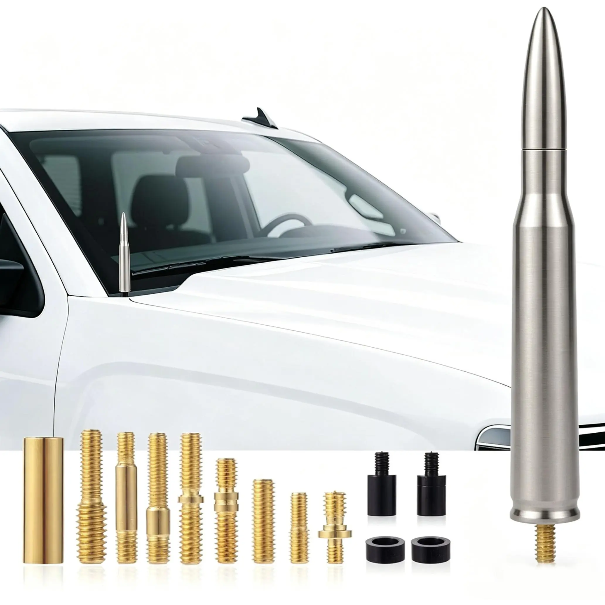 Stubby Bullet Car Antenna Replacement for Ford F350, Dodge, Chevrolet, GMC, Jeep, Toyota Trucks - 6061 Billet Aluminum, Black/Silvery/Golden, Compact, Durable, Easy-Install Accessory, Ideal for Father Gifts, Men's Birthday Gifts